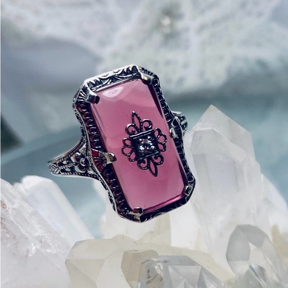 Sterling Silver Antique Style Pink Glass Ring - Picture 5 of 7
